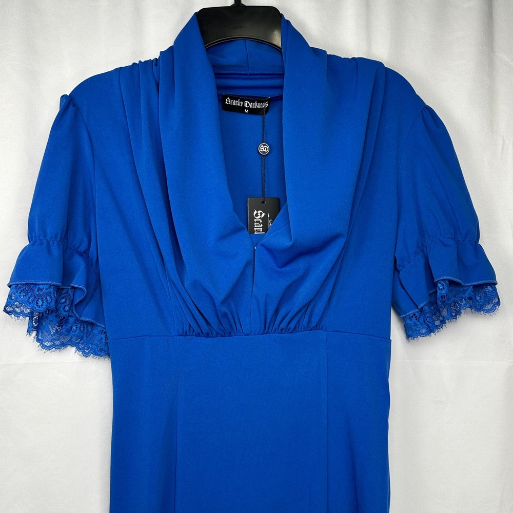 Scarlet Darkness Victorian Gothic Steampunk Royal Blue Lace Trim‎ Pencil Dress